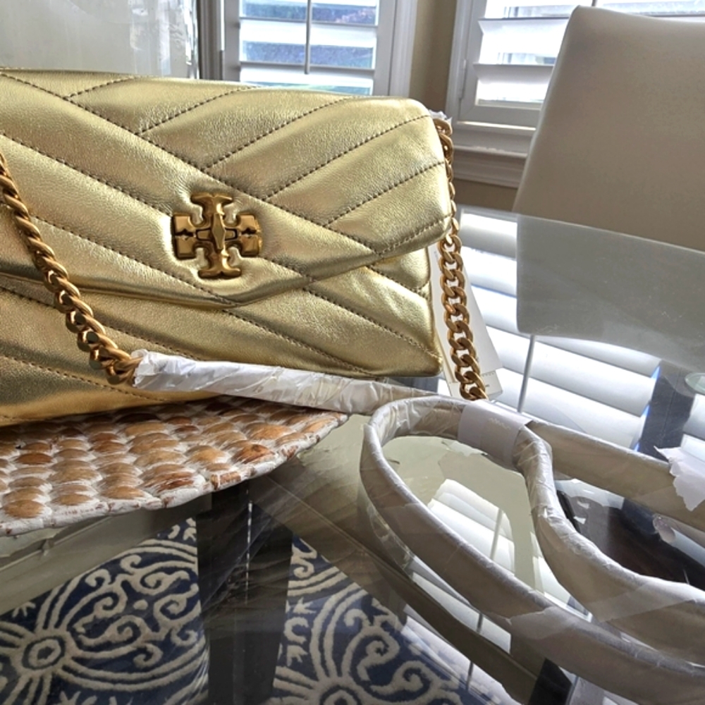 Tory Burch Kira Chevron Metallic Gold Quilted Chain Wallet Handbag